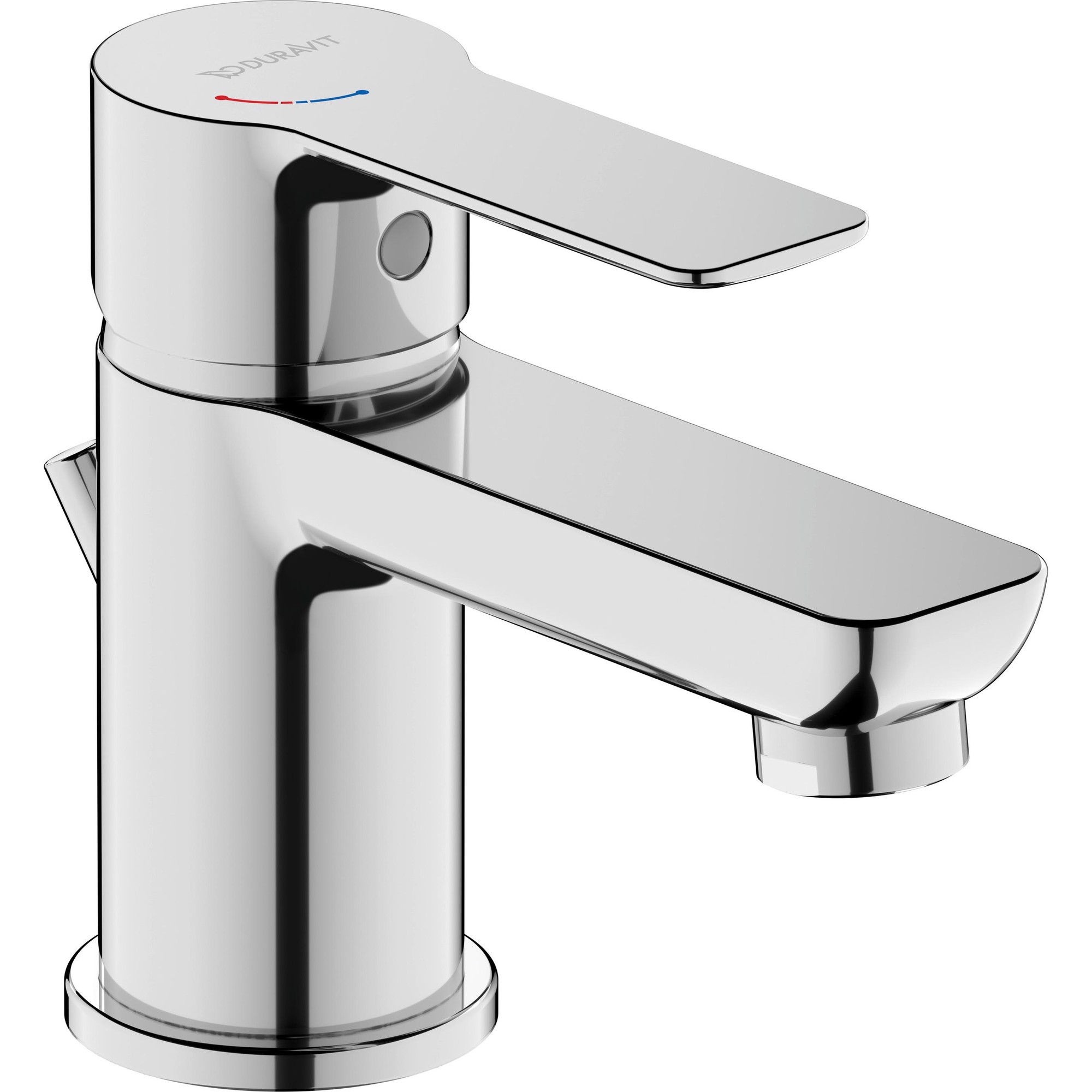 Duravit D-code chrome basin mixer featuring a sleek single lever design, Minusflow technology, and a waste lever for efficient water control.