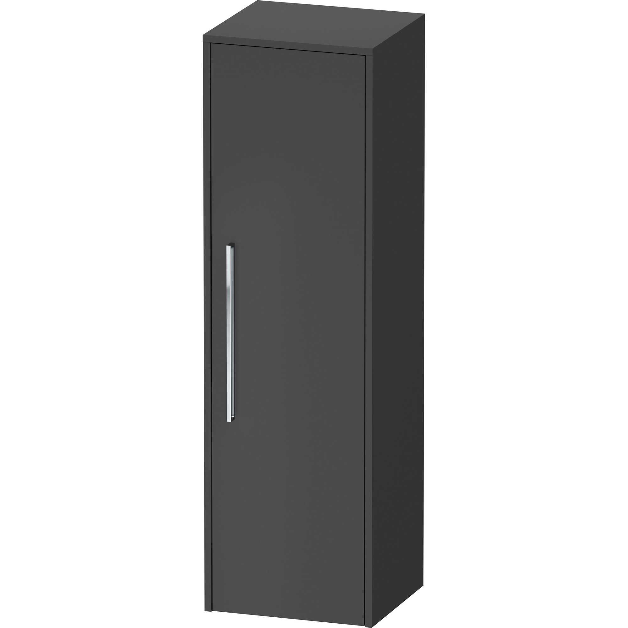 Tall, sleek bathroom cabinet in a dark finish, featuring a single right-hinged door with a minimalist chrome handle, dimensions 400x360x1320 mm.