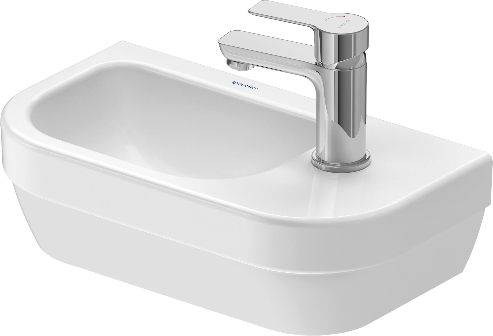 Circular white ceramic wall-mounted bathroom sink with a smooth surface, featuring a single faucet hole and a modern chrome faucet.