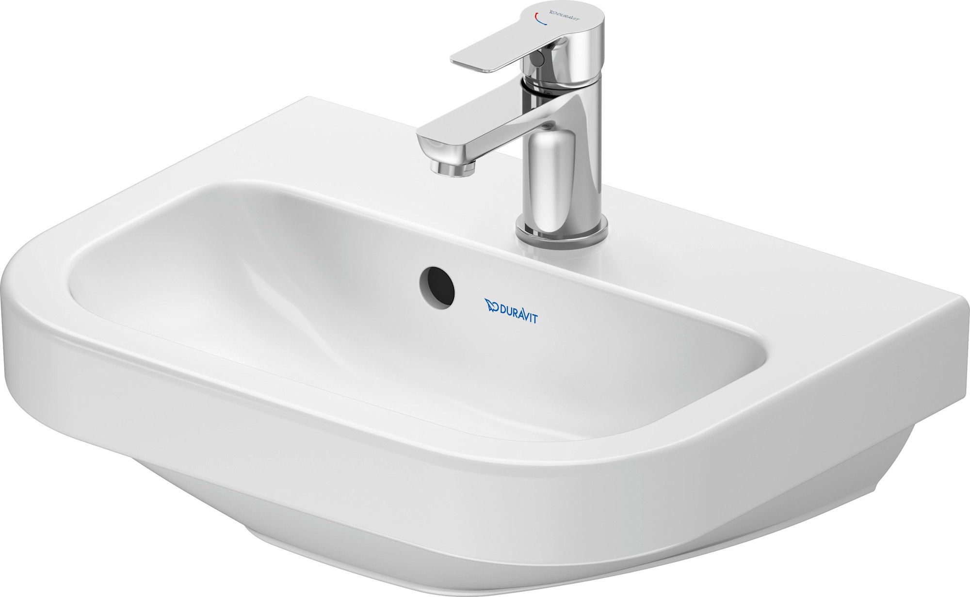 White circular ceramic wall-mounted bathroom sink with a smooth surface, single faucet hole, and overflow feature, designed by Duravit.