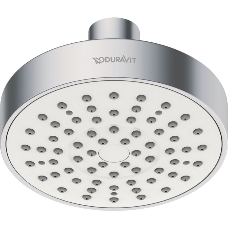 Round chrome and white shower head (Ø 100 mm) with a rain jet feature, featuring multiple water outlets and an adjustable angle, branded with the DURAVIT logo.