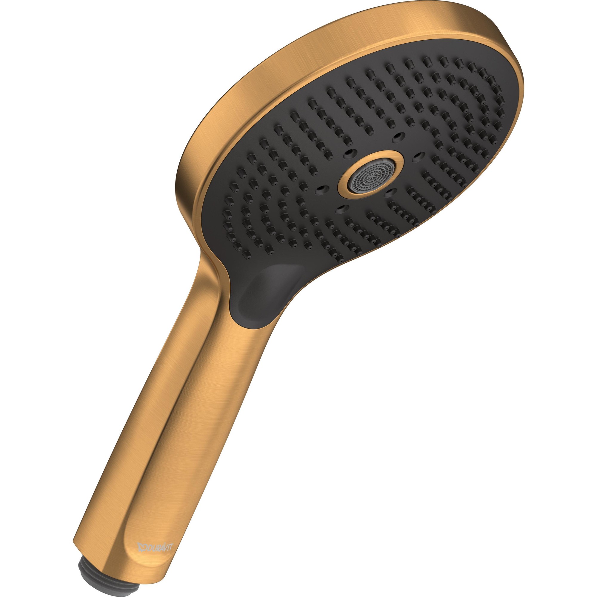 Gold and black showerhead with a sleek design, featuring a round face with three jet settings and a textured grip handle, designed for efficient water flow at 9 liters per minute.