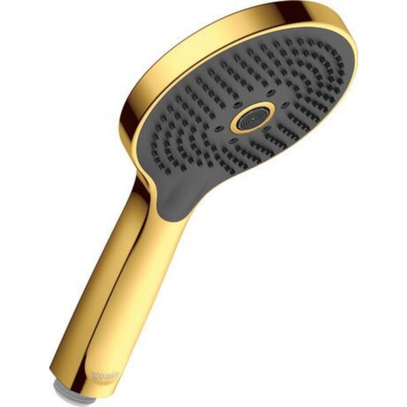 Showerhead with a polished gold finish, featuring a round face with three jet settings and a textured black rubber surface for grip.