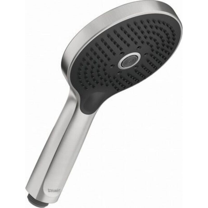 Brushed stainless steel showerhead with three jet settings, featuring a sleek, ergonomic handle and a textured black spray face for optimal water distribution.