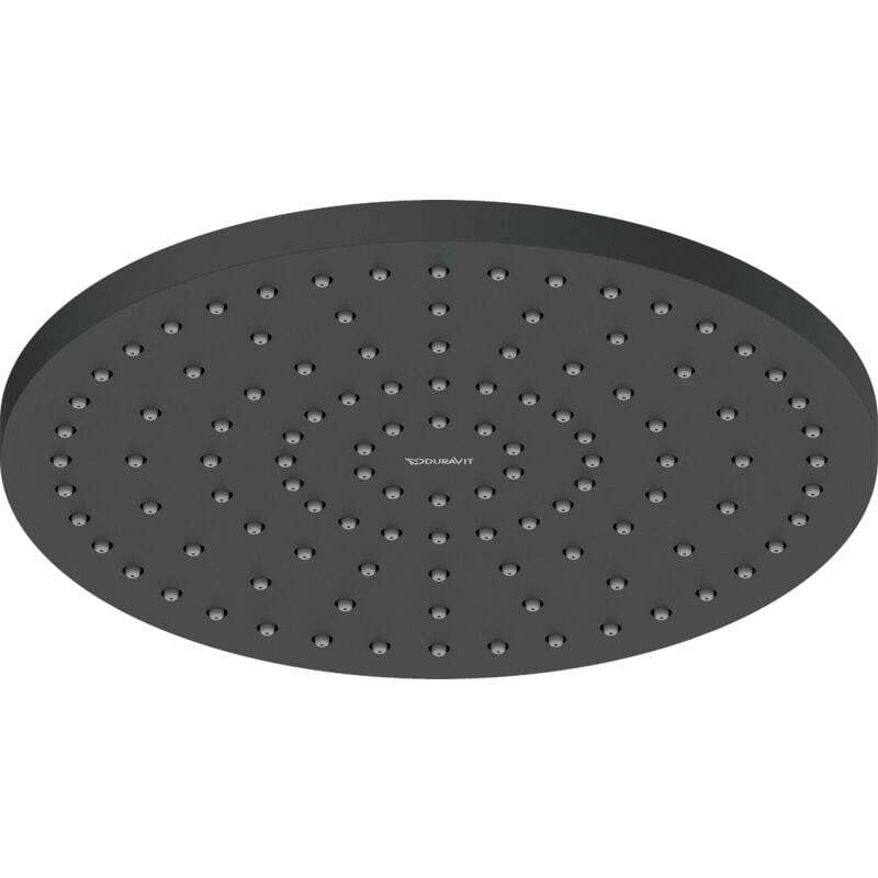Round, matte black universal shower head (ø 250 mm) featuring multiple jets arranged in a circular pattern, designed for adjustable orientation, made by Duravit.