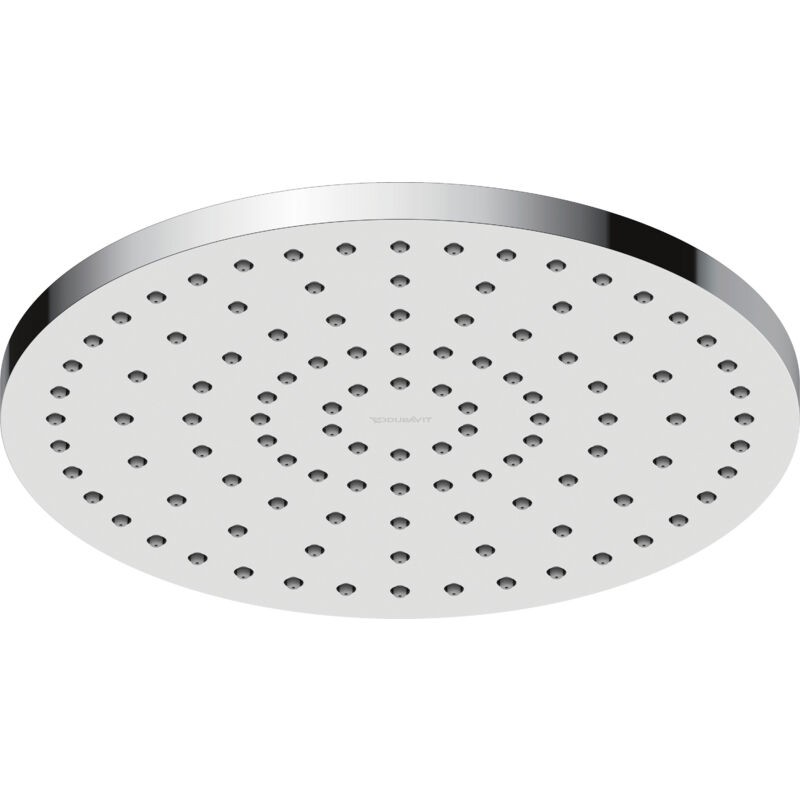 Round chrome shower head (250 mm) with a rain jet feature, featuring multiple small nozzles arranged in a circular pattern for an even water flow.