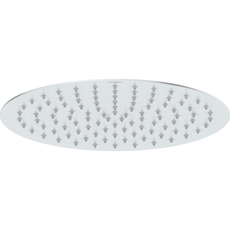 Round, chrome shower head with a diameter of 300 mm, featuring multiple small jets arranged in a pattern for a rain-like water flow, made of stainless steel.