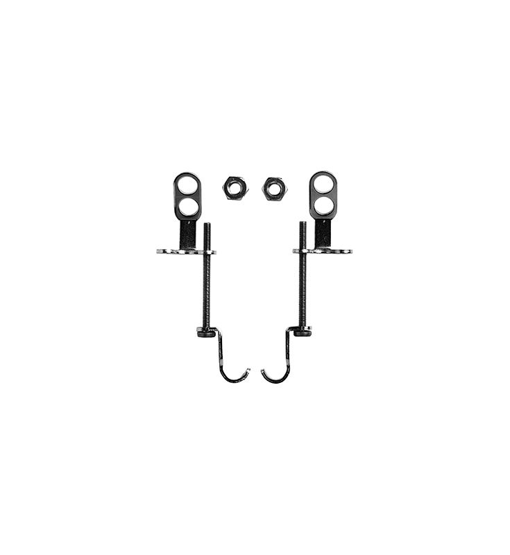 Black metal wall mount brackets with circular plates and hooks, accompanied by two nuts, designed for installing siphon covers in bathroom sinks.
