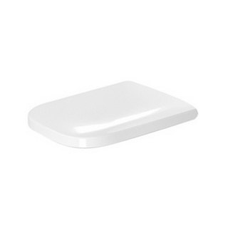 White elongated toilet seat with a smooth, glossy finish and rounded edges, featuring a quick-release mechanism for easy cleaning.