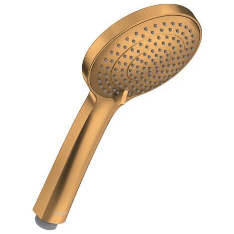 Bronze brushed showerhead with three jet settings, featuring a round, textured spray face and a sleek, ergonomic handle for comfortable grip.