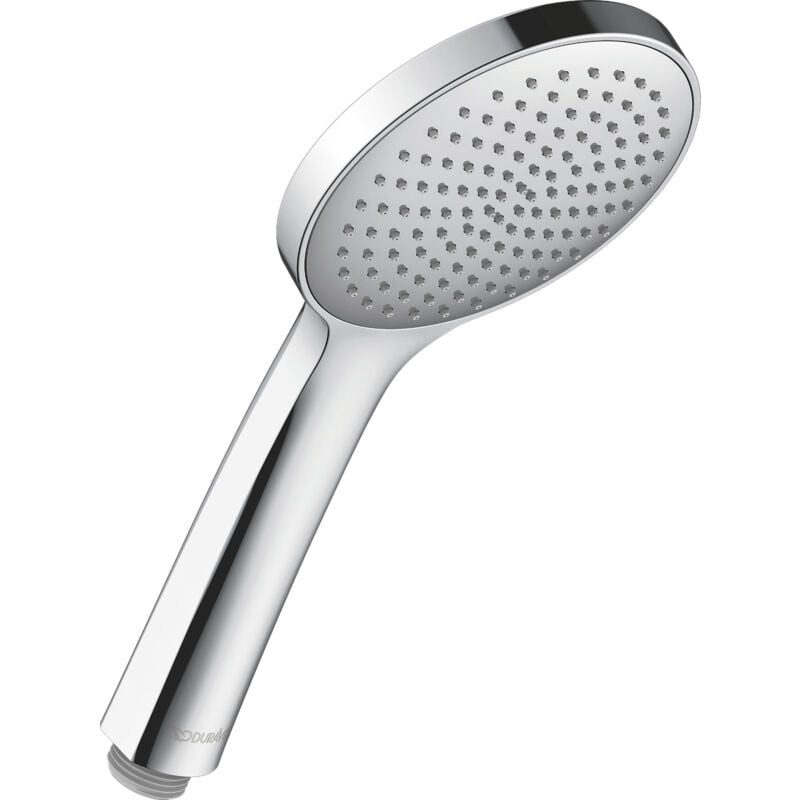 Chromed round shower head (ø 110 mm) featuring a rain jet and MinusFlow water-saving technology, designed for easy cleaning and modern aesthetics.