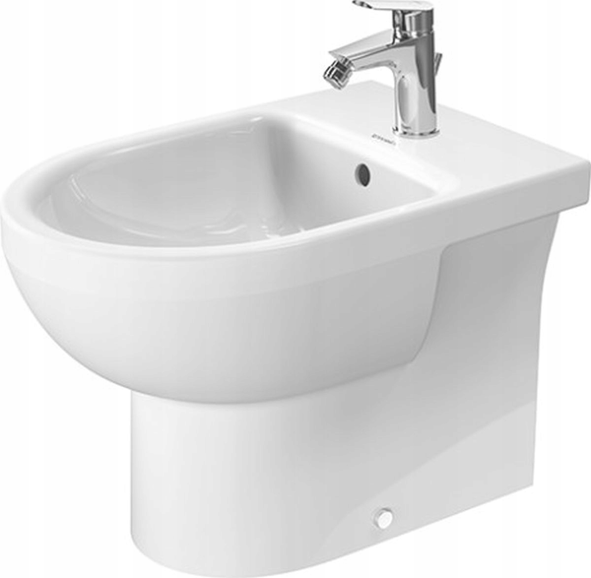 White ceramic standing bidet with a smooth, rounded basin and a chrome faucet, featuring a sleek, modern design and a minimalist aesthetic.