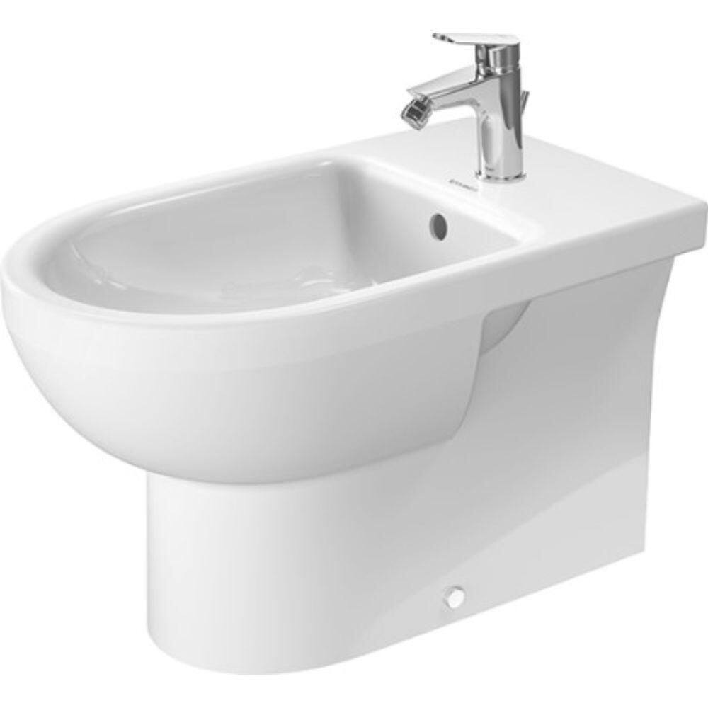 White floor-mounted bidet with a smooth, rounded bowl and a single hole drilled for faucet installation, featuring a sleek chrome faucet.