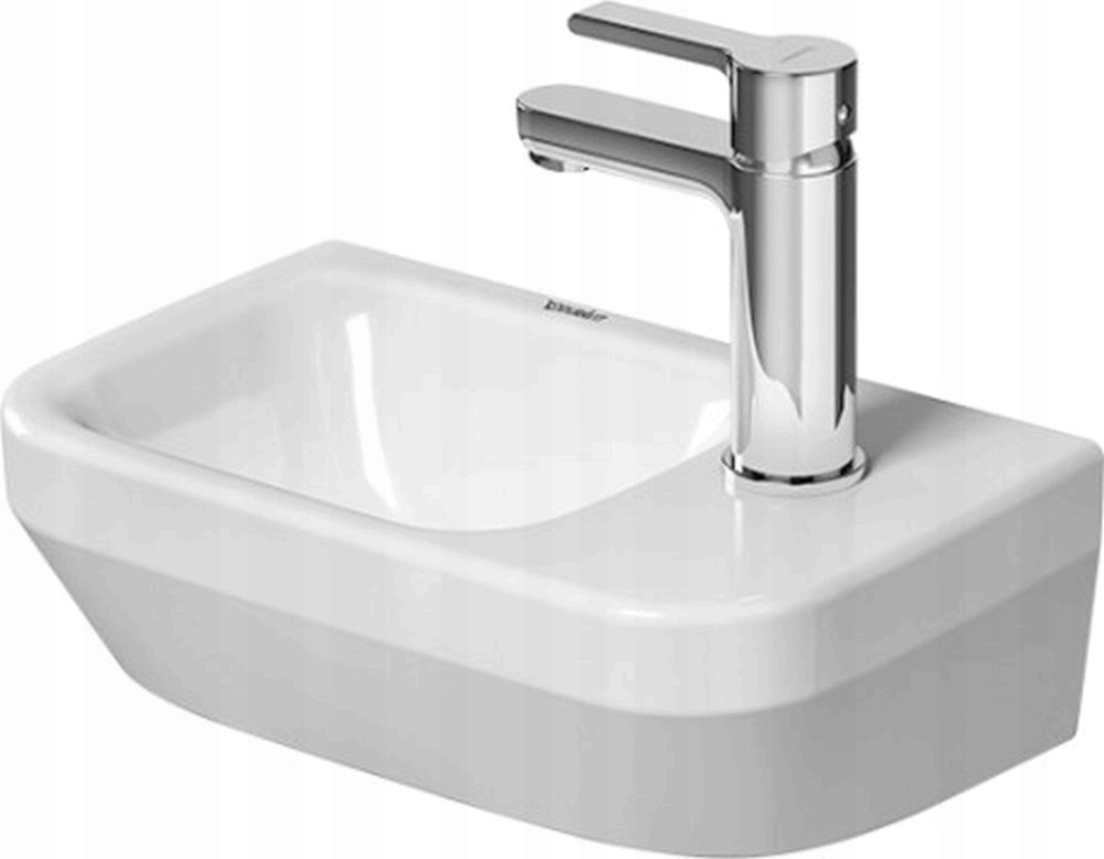 Wall-mounted white ceramic sink measuring 36x22 cm, featuring a sleek design and a chrome faucet, ideal for modern bathrooms.