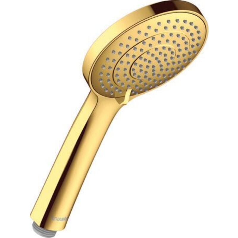 Gold-finished showerhead with a sleek, polished design, featuring three adjustable jets and a circular spray face dotted with small nozzles for water flow.