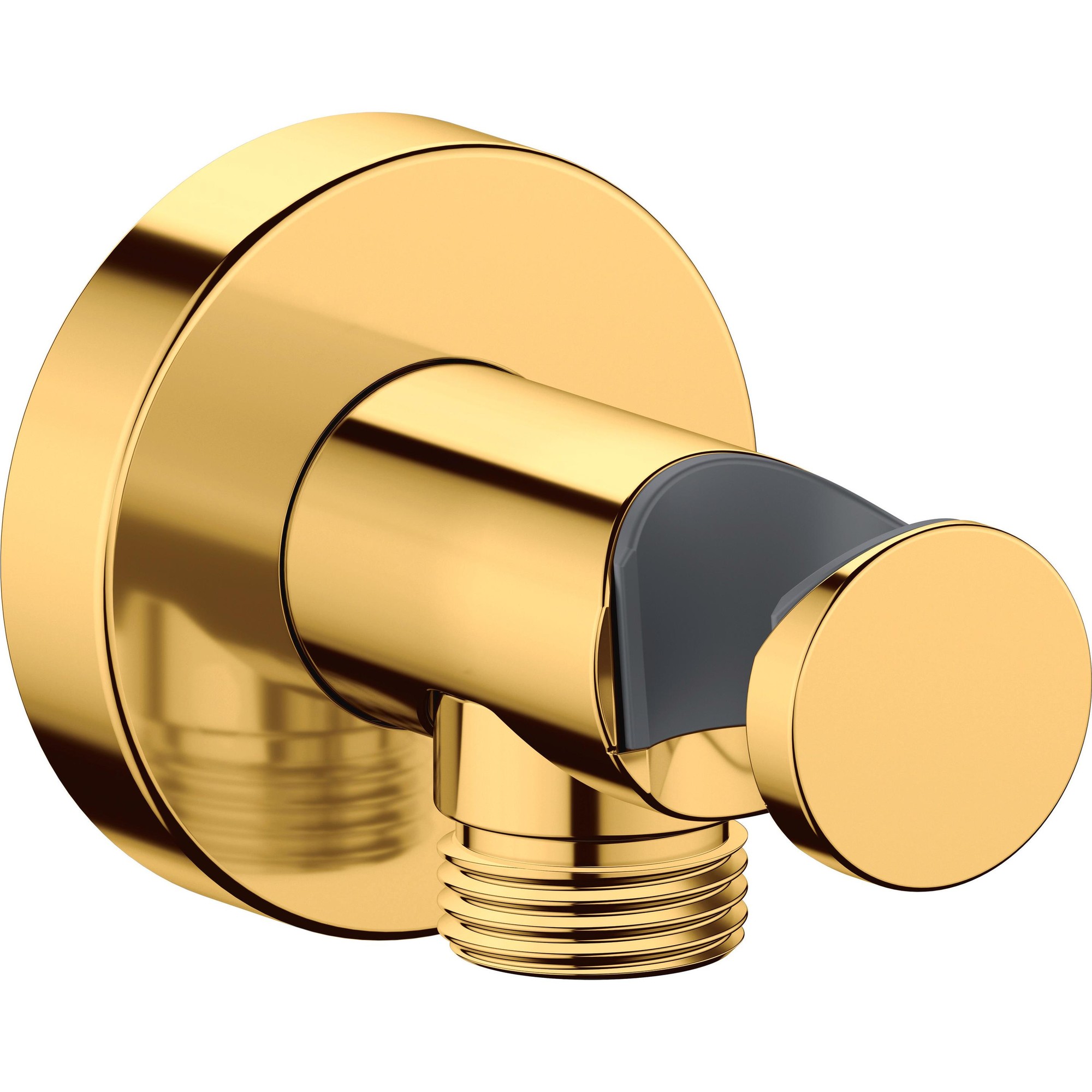 Polished gold wall-mounted shower connection with a round rosette and integrated shower holder, showcasing a sleek, modern design in durable material.
