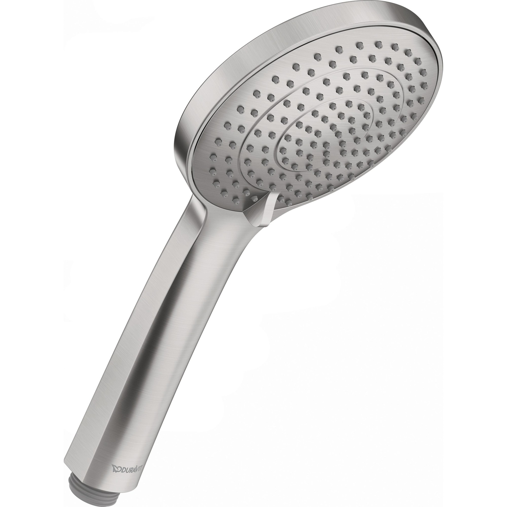 Sleek stainless steel showerhead with a round, flat design, featuring three jet types and a flow rate of 9 liters per minute, ideal for modern bathrooms.