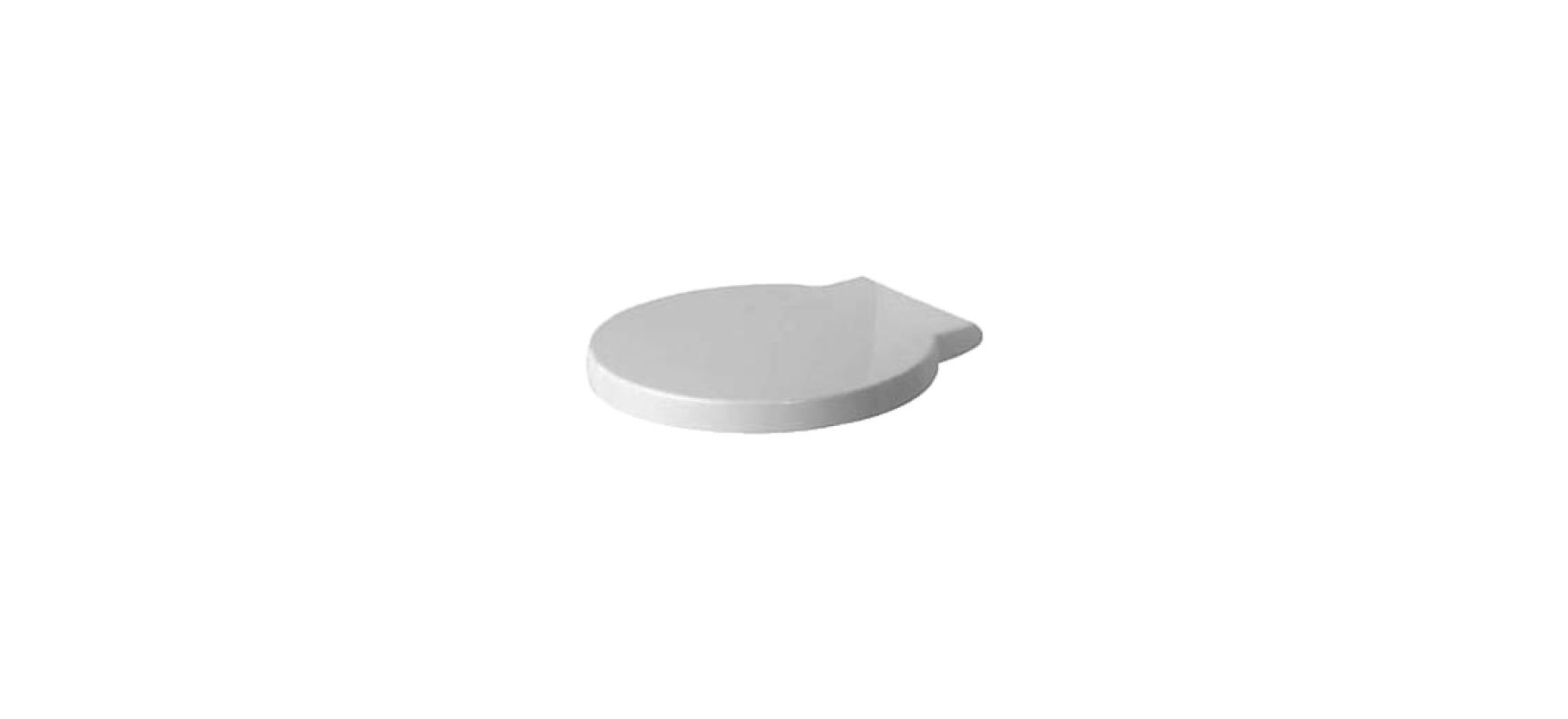 Round, white ceramic cover for the "Starck 1" toilet by DURAVIT, featuring a smooth surface and a small tab for easy removal.