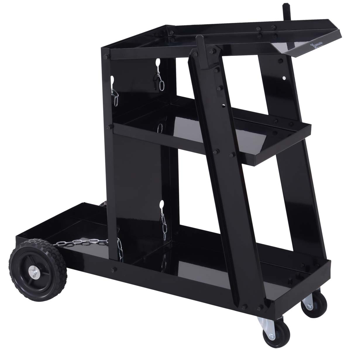 Three-tier black welding cart made of metal with a sleek finish, featuring two shelves, a top platform, and durable wheels for easy mobility.