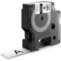 Black Dymo heat shrink tube cartridge with white label tape, 19mm width, displaying letter "A" on extended tape.