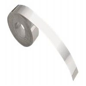 Silver metal embossing label tape roll designed for Dymo Rhino M1011, featuring a smooth, shiny surface and a flexible design for easy application.