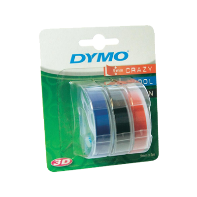 Set of three DYMO S0847750 embossing tape rolls in blue, black, and red, each measuring 9mm x 3m, packaged in a clear plastic container with a green background.