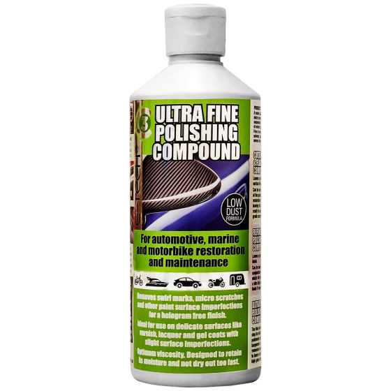 E-Tech Engineering C3 Ultra Fine Polishing Compound in a 500ml silver bottle with green and white labels, featuring text about its use for automotive and marine maintenance.