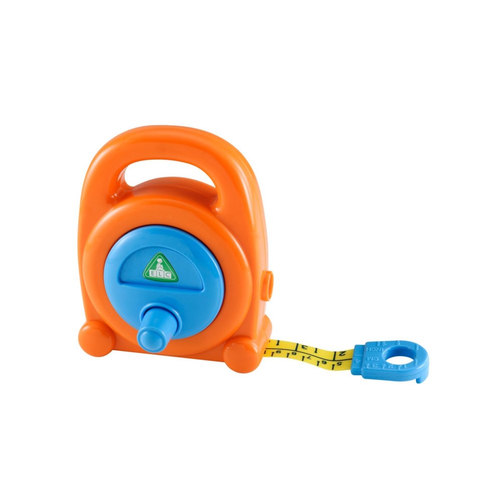Bright orange plastic tape measure with a blue button and a yellow measuring tape featuring black markings, designed for early learning and play.