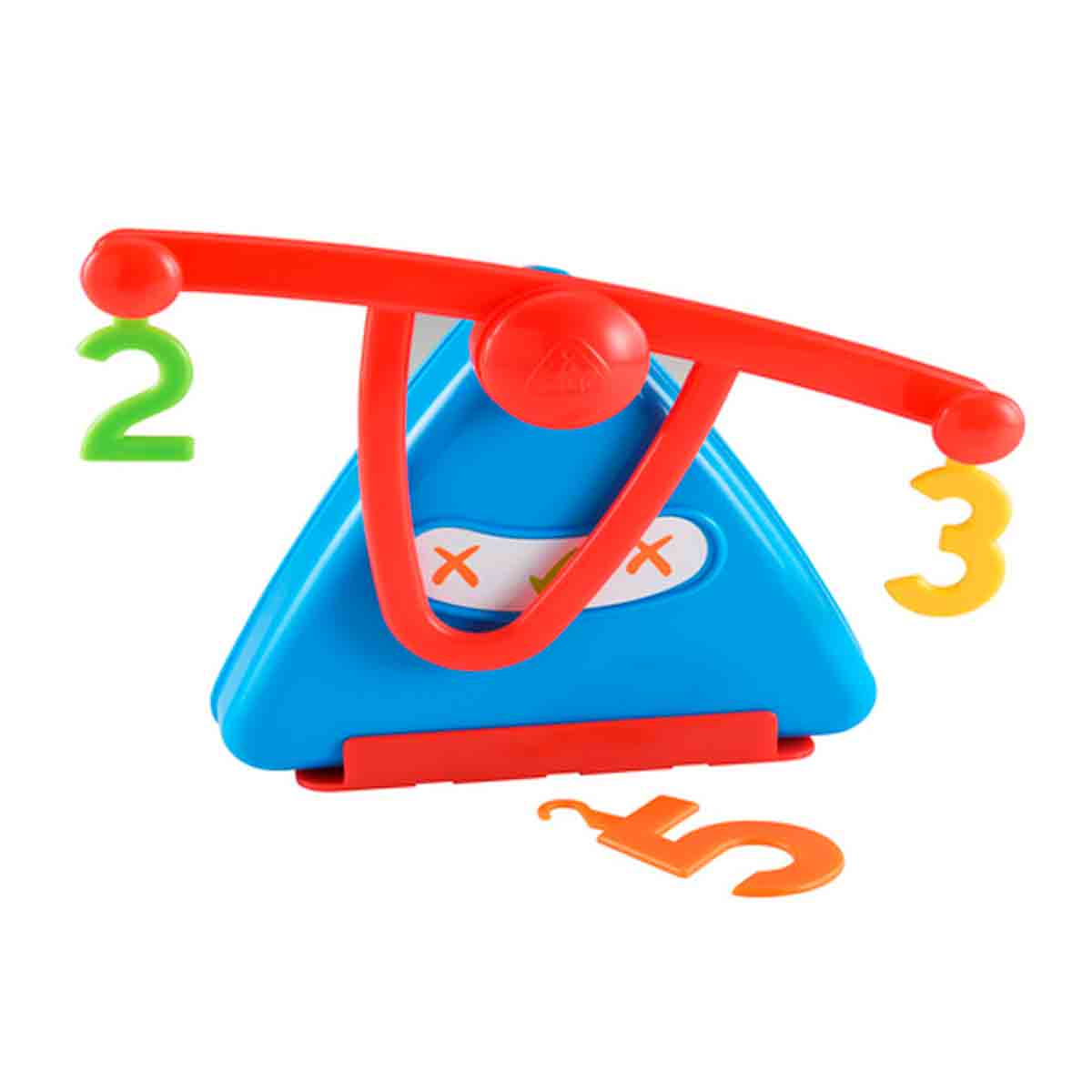 Bright blue triangular weighing scales with a red balance beam, featuring colorful numbered weights (2, 3, 5) in green, yellow, and orange, designed for early learning.