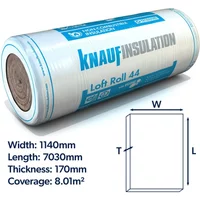 Knauf Earthwool 44 loft insulation roll, white with blue text, 170mm thick, 8.01m2 coverage, cylindrical packaging.
