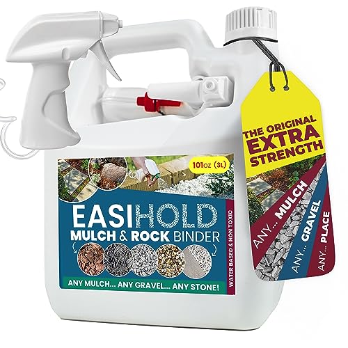 White plastic spray bottle with a blue and green label, featuring the text "EASIHOLD Mulch & Rock Binder," highlighting its non-toxic formula and easy applicator for landscaping use.