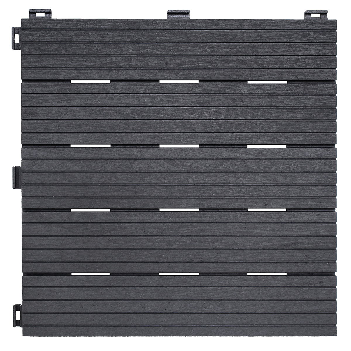 Steel grey deck tile with a textured surface, measuring 0.3m by 0.3m and 15mm thick, featuring interlocking edges, sold in a pack of six.