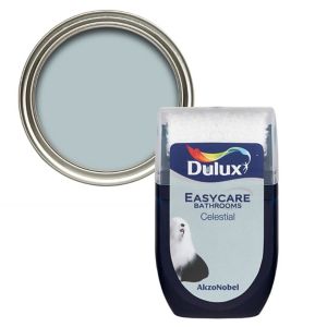 Dulux Easycare Bathroom Celestial Mid Sheen Emulsion Paint in a 30ml tester pot, featuring a light blue color and a silver lid, with a label detailing the product name and brand.
