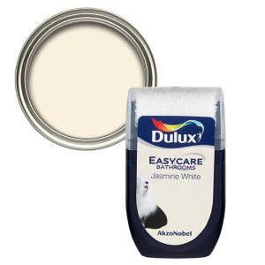 Dulux Easycare Bathroom Jasmine White mid sheen emulsion paint in a 30ml tester pot, featuring a sleek design with a white label and a silver lid, alongside a circular paint swatch.