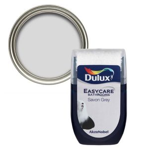 Dulux Easycare Bathroom Savon Grey mid sheen emulsion paint in a 30ml tester pot, featuring a sleek design with a silver lid and a light grey paint color.