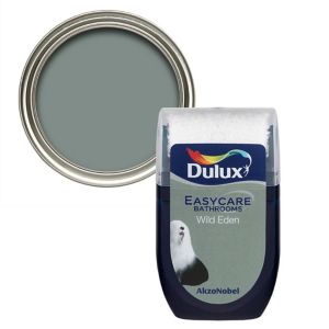 Dulux Easycare Bathroom Wild Eden mid sheen emulsion paint in a 30ml tester pot, featuring a muted green color with a glossy finish and a silver lid.