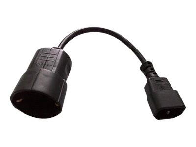 Black CEE-Schuko adapter with a cylindrical plug on one end and a flat connector on the other, featuring a flexible cable for easy connection.