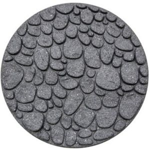 Round stepping stone featuring a textured surface resembling river rocks, made from durable gray material with a speckled finish.