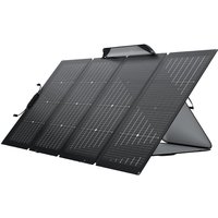 Foldable EcoFlow 220W portable solar panel with four black photovoltaic sections and carrying handle.