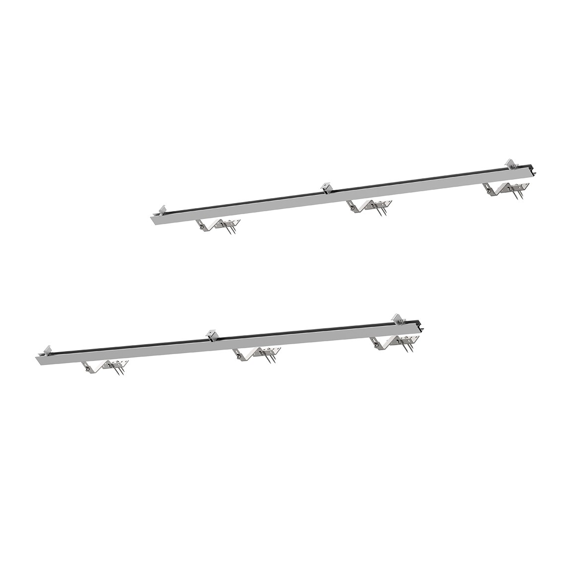 Two sleek metal brackets designed for pitched roofs, featuring a silver finish and multiple mounting points for secure installation.