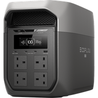 EcoFlow DELTA 3 Max Series, gray portable power station with LCD display, four AC outlets, and USB ports.