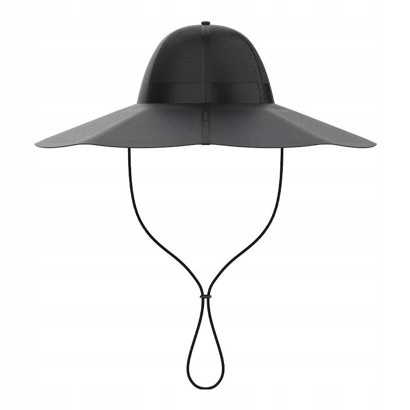 Wide-brimmed black sun hat with a mesh crown and adjustable chin strap, designed for outdoor use, featuring a lightweight and breathable material.