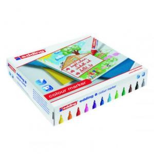 Assorted Edding 8 Colour Markers in a Classpack of 144, featuring vibrant colors, a sturdy cardboard box, and a colorful display of markers on the front.
