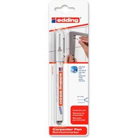White Edding Carpenter Pen with red and blue accents, packaged on a white card with usage illustration.