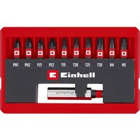 Einhell 11 piece impact screwdriver bit set in red pocket case with black holder and various bit sizes.