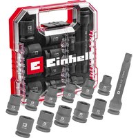 Einhell 12 piece impact socket set in a clear red-edged L case with black sockets and branded handle.