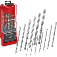 Red and black Einhell 13 piece HSS-G drill bit set with silver metal bits in various sizes, packaged in a plastic case.