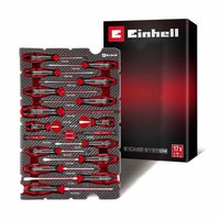 Einhell 17-piece screwdriver set in foam tray, red and black handles, fits E Case, with branded box in background.