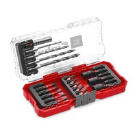 Red and clear case with 18-piece Einhell impact drill and screwdriver bit set, including various black drill bits.