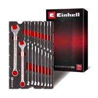 Einhell 19 piece spanner set in black foam tray with red accents, packaged in a sleek black and red box.